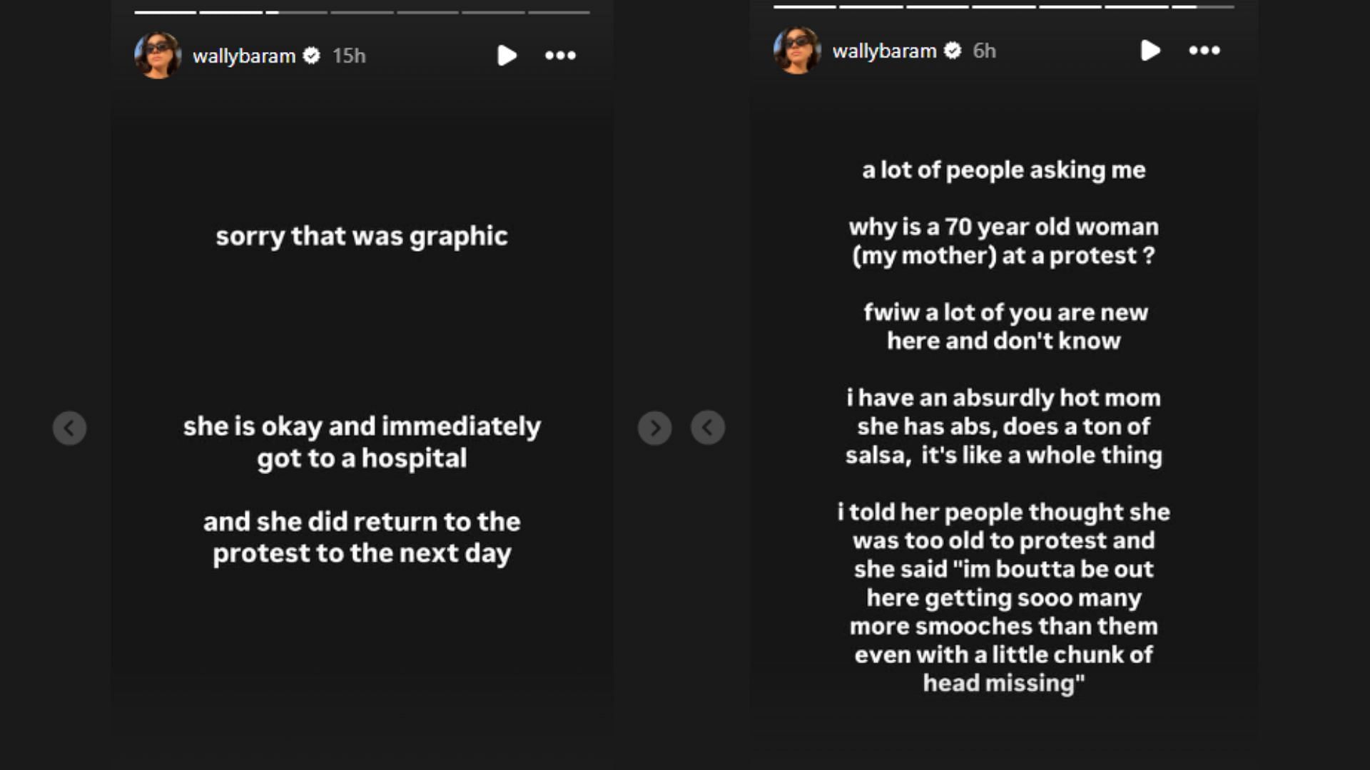 Wally Baram's Instagram stories detailing her mother being hit with a rubber bullet